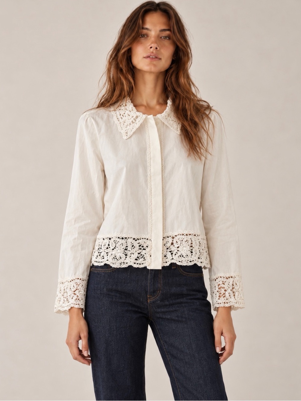 Zara Ivory Crochet-Trim Button Down Shirt